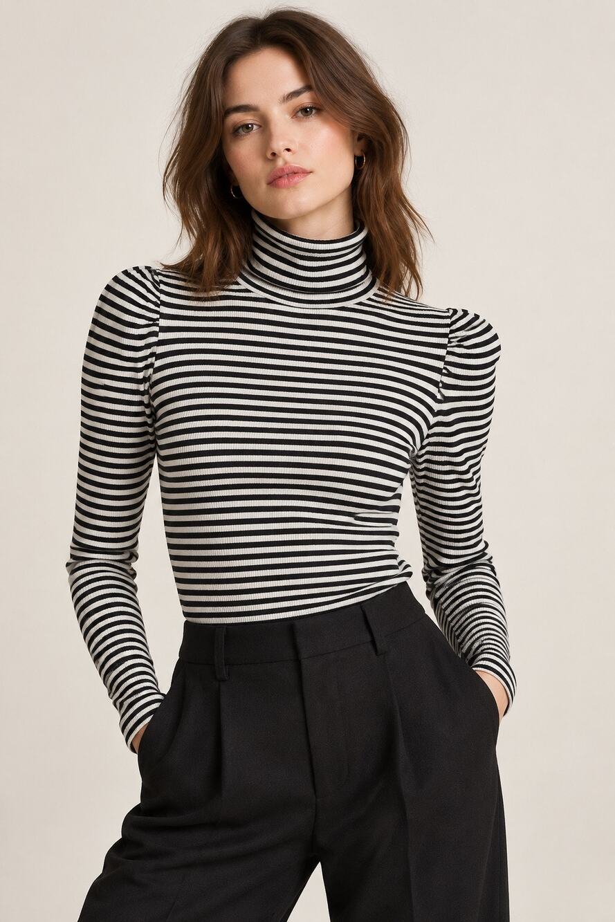 Veronica Beard Cedar Striped Ribbed Turtleneck Puff Sleeve Top Small